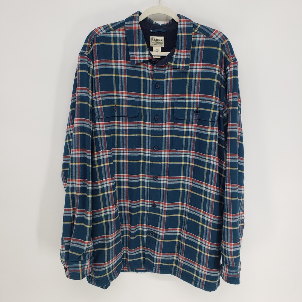 LL Bean Fleece Lined Flannel Shirt Jacket Mens XL Blue Plaid Traditional Fit